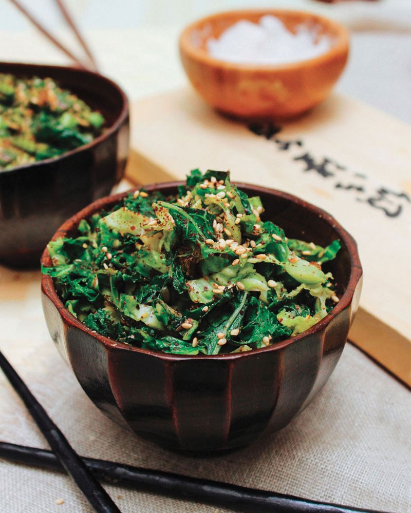 Shredded Brussels Sprouts & Kale with Miso-Dijon Sauce