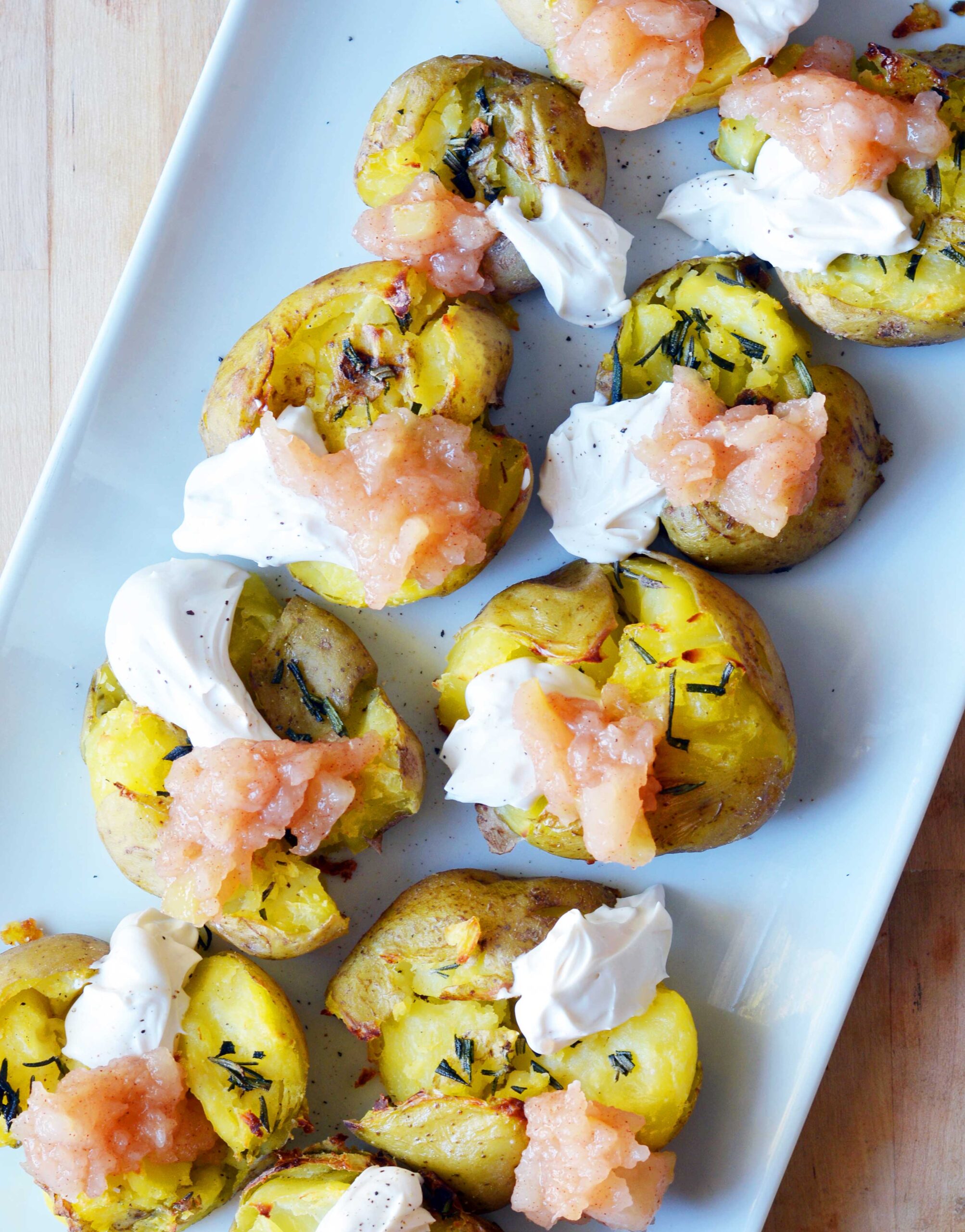 Smashed Rosemary Potatoes with Sour Cream & Stewed Apples photo